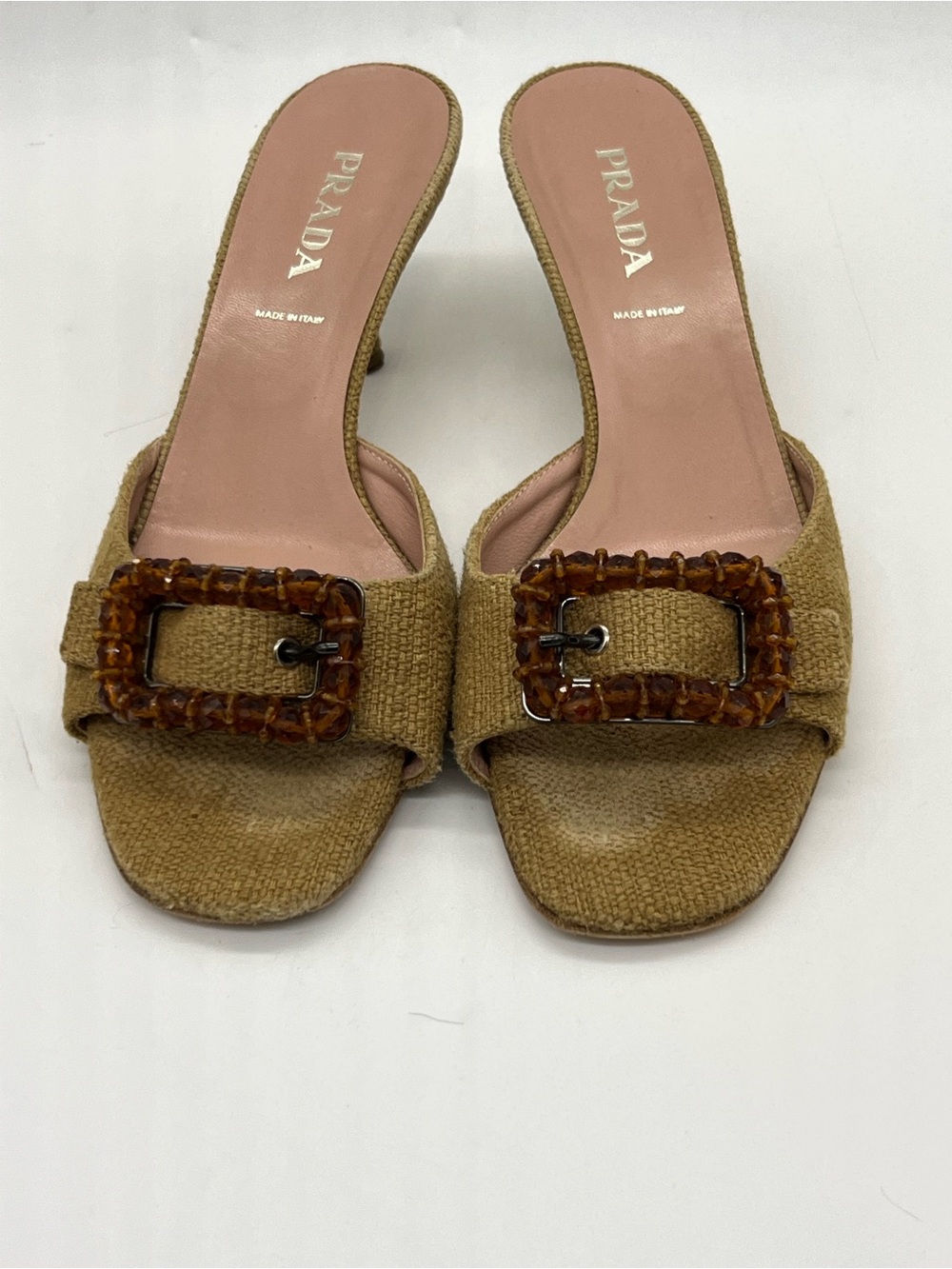 Prada Beige Raffia Slide Sandals with Amber Buckle